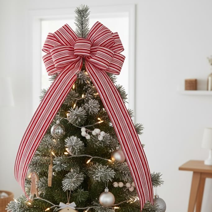 CT CRAFT LLC Red and White Stripe Wired Ribbon – 2.5" Wide x 10 Yards Long Decorative Fabric Ribbon for Crafts, Gift Wrapping, and Holiday Décor