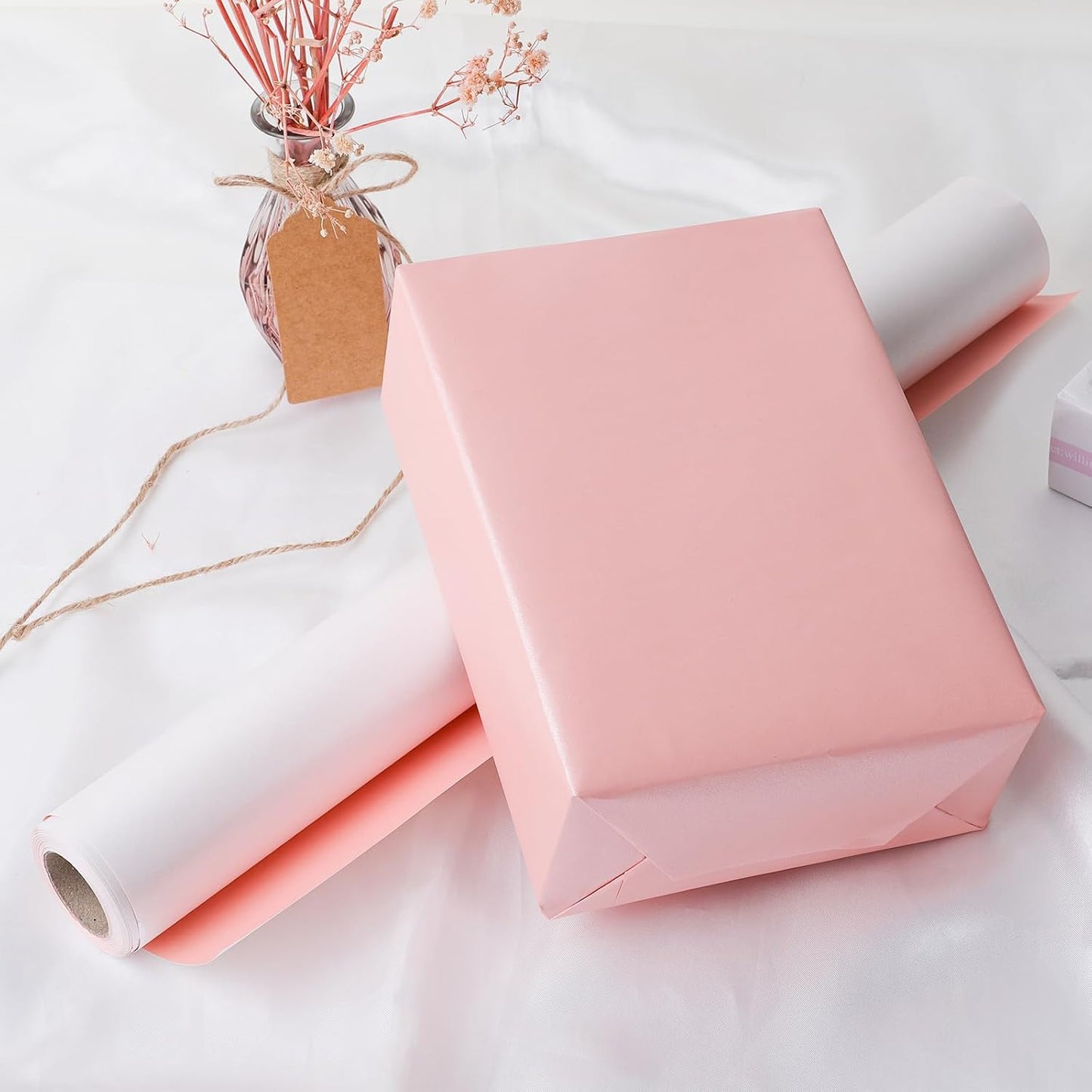 NESCCI Off White & Pink Matte Wrapping Paper,Double Sided Solid Color Pearly-Lustre Paper,Gift Wrapping Paper,Perfect for Wedding,Valentine's Day,Birthday,Christmas,Baby Shower (17 Inches X 32.8 Feet)