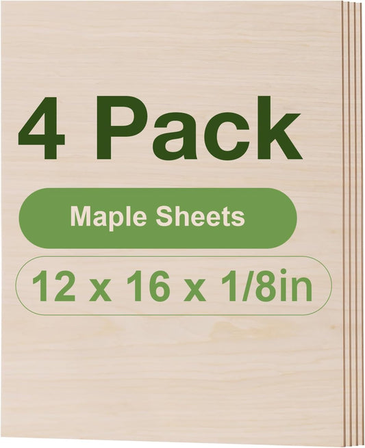 4 Pack Maple Plywood Sheets, 12 x 16 x 1/8 Inch, 3mm Plywood for Laser Cutting, Thin Unfinished Wood Sheets for Architectural Models, Wood Burning and DIY Wood Crafts