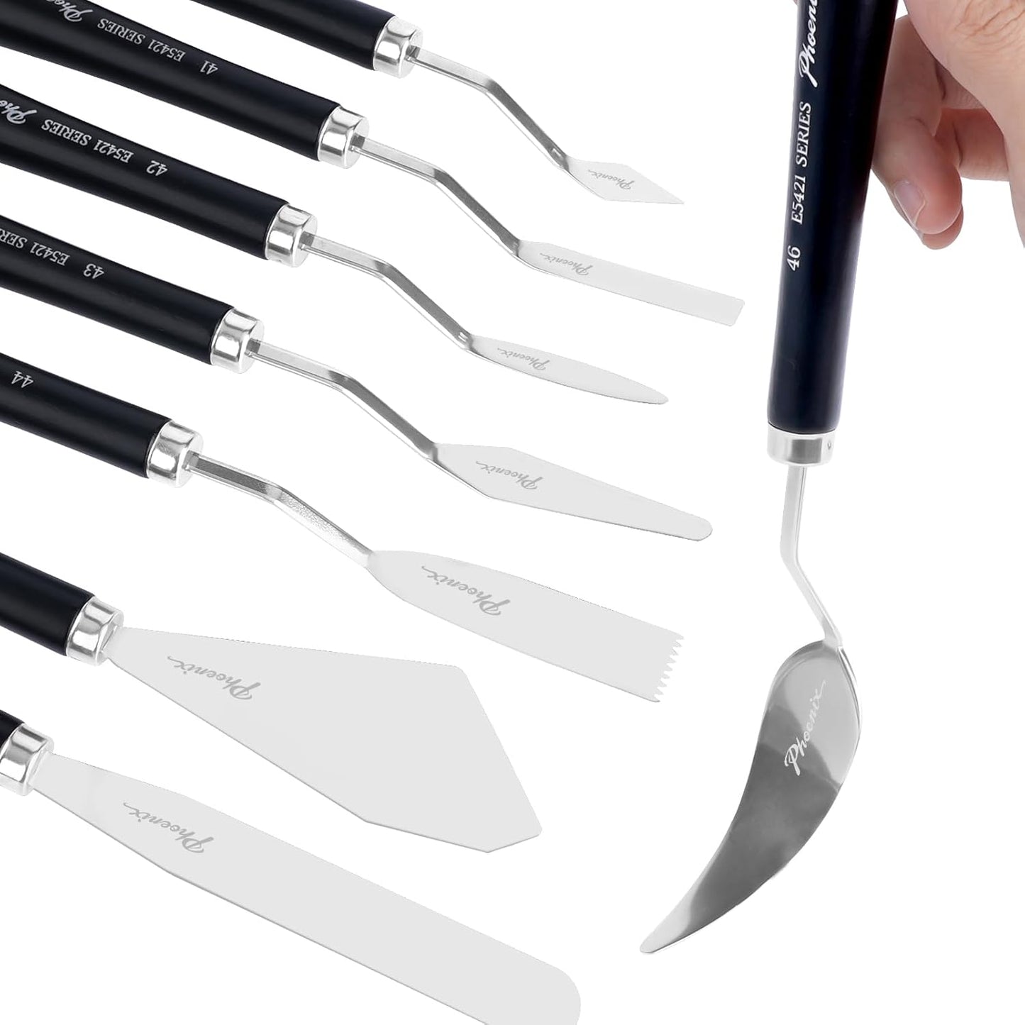 PHOENIX High Flexible Palette Knife Set, 8 Pieces Stainless Steel Painting Knives (31,41,42,43,44,46,51,52) Art Knife with Wood Handle, Paint Spatula for Oil Acrylic Paint