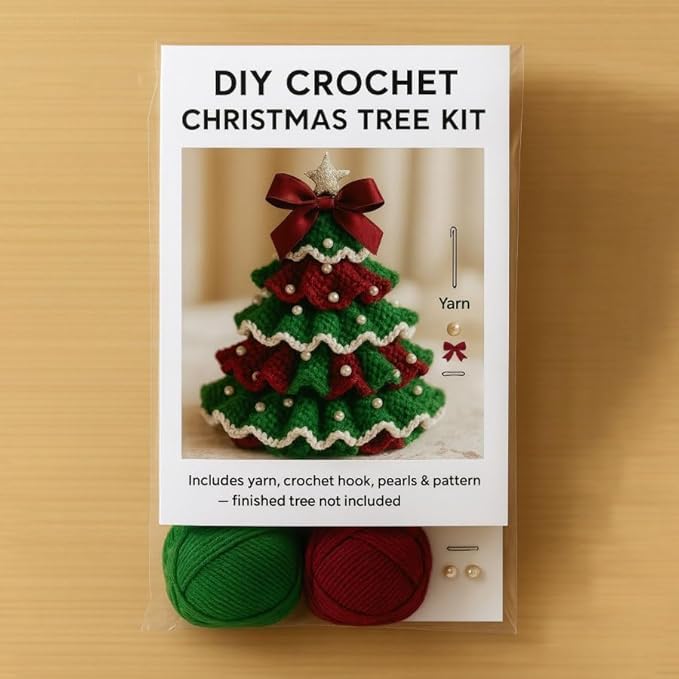DIY Crochet Christmas Tree Kit, Handmade Holiday Decoration Set, Christmas Tree Bow Crochet Kit, Crochet Kit for Beginners with Yarn, Hook,Beads & Instructions