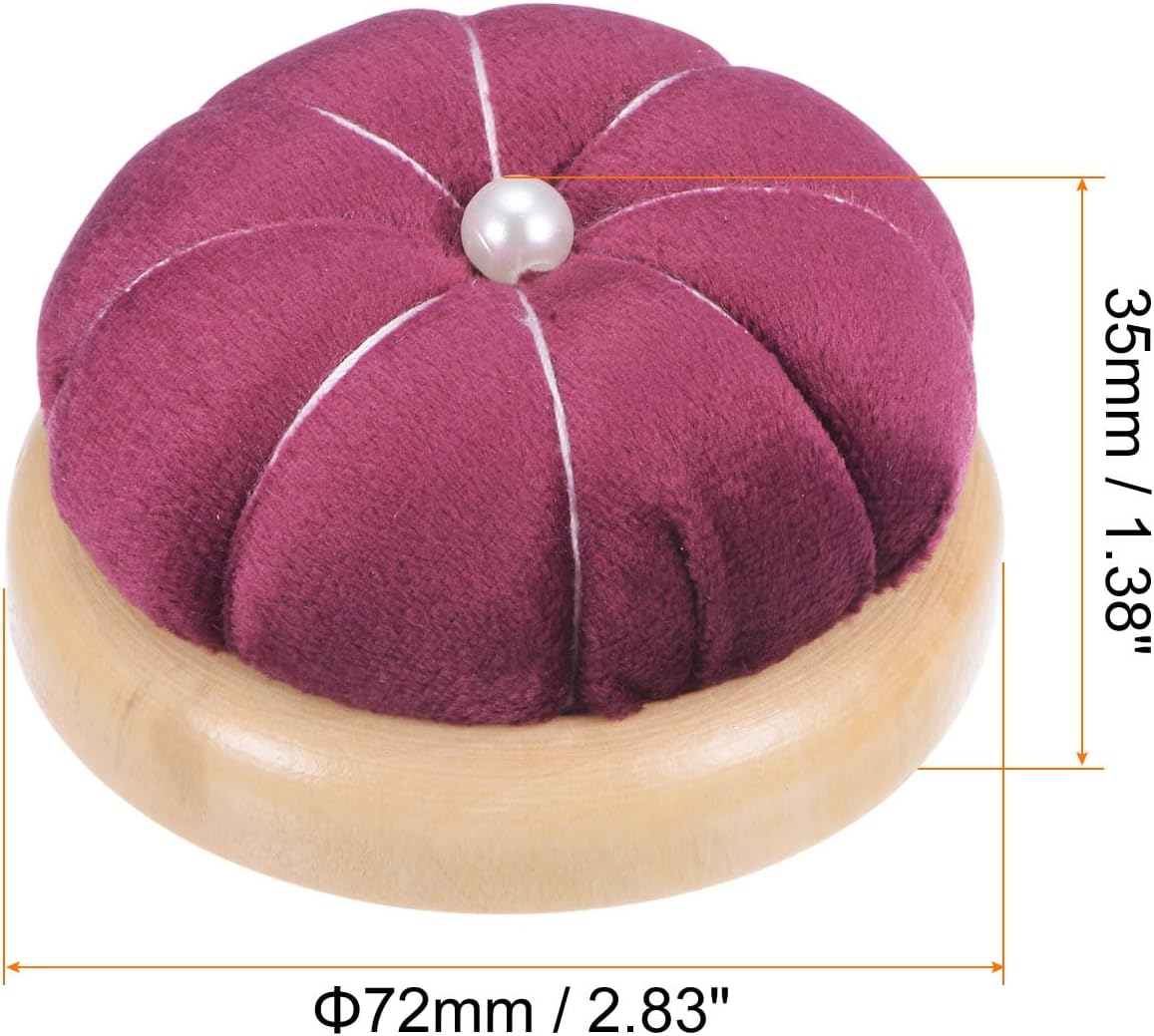 HARFINGTON Wooden Base Pin Cushion Japanese Style Cute Needle Holder Pincushions Round for Sewing Quilting Needlework DIY Crafts, Dark Red