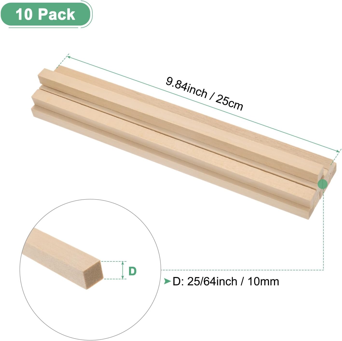 10-Pack Wood Square Dowel Rods, 25/64 x 10 Inch Unfinished Wooden Square Dowel Rod, Hardwood Square Dowel Sticks for Crafts/DIY Projects/Models Making [Wood Color]