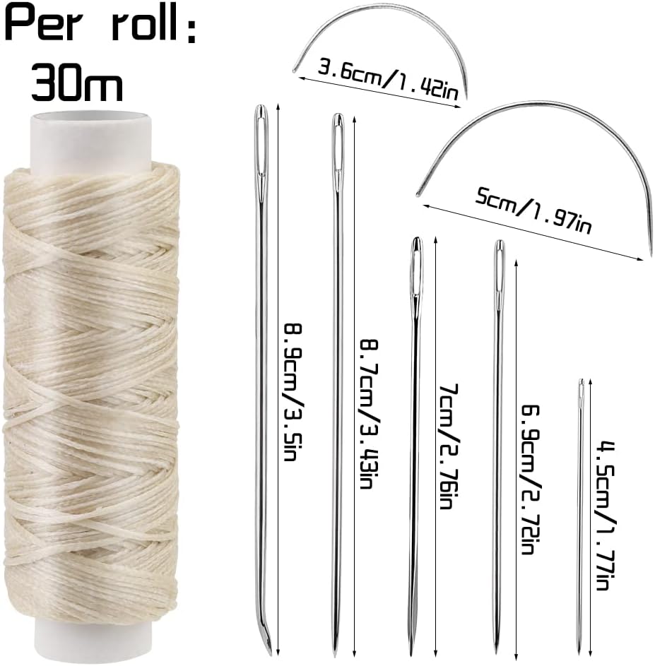 Ftyiwu Waxed Thread with Leather Hand Sewing Needles 32 Yards, 150D Flat Sewing Waxed Thread, and Leather Repair Needles for Home Upholstery Carpet Canvas Repair (Beige)