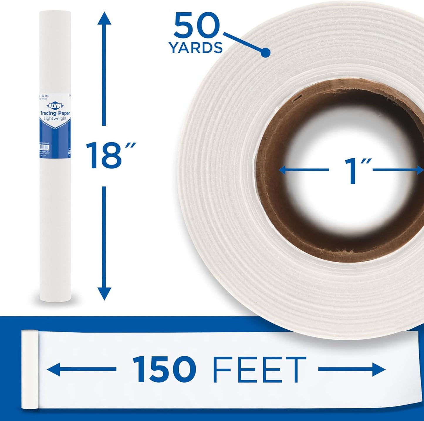 ALVIN 55W-I Lightweight Tracing Paper Roll, White, Suitable with Ink, Charcoal, Felt Tip Pen, for Sketching or Detailing - 18 Inches, 50 Yards, 1-inch Core