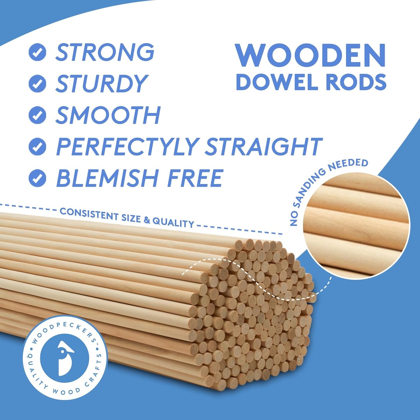 Dowel Rods Wood Sticks Wooden Dowel Rods 1/2 x 18 Inch Unfinished Hardwood Sticks for Crafts and DIYers 250 Pieces by Woodpeckers