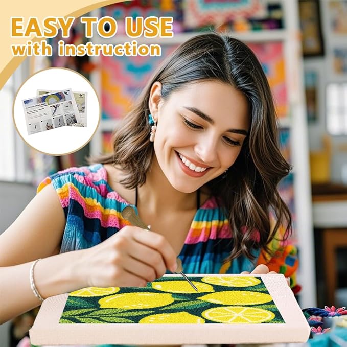 Doodlream Lemon DIY Punch Needle Embroidery Kit for Adult Beginner, 9.4" Lemon Punch Stitching Craft Set for Starter with Frame, Fabric Pattern, Threader, Yarn, Pinch Needle