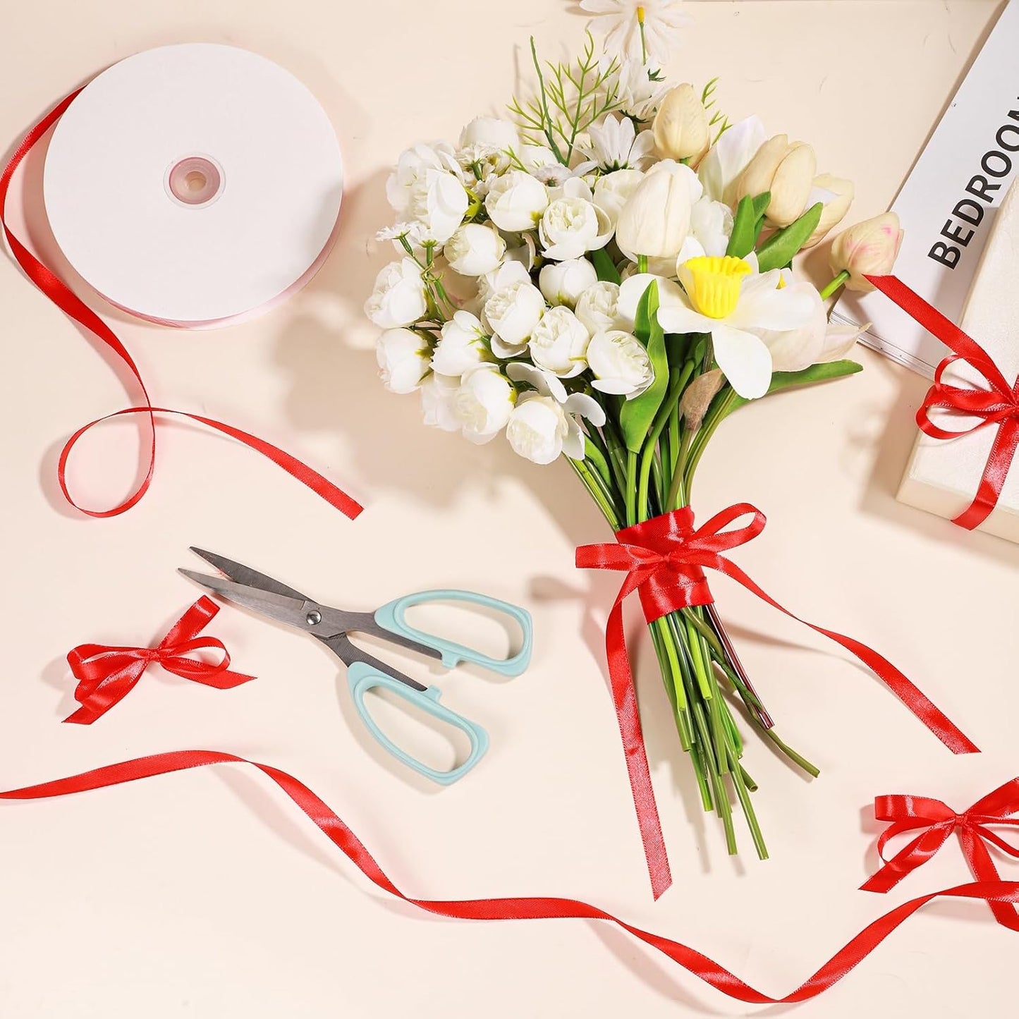 Red Ribbon 120 Yards 3/8 Inch Thin Red Satin Ribbon Craft Fabric Christmas Ribbons for Hair Bow Making Gift Wrapping Floral Bouquet Wedding Party Christmas Decorations