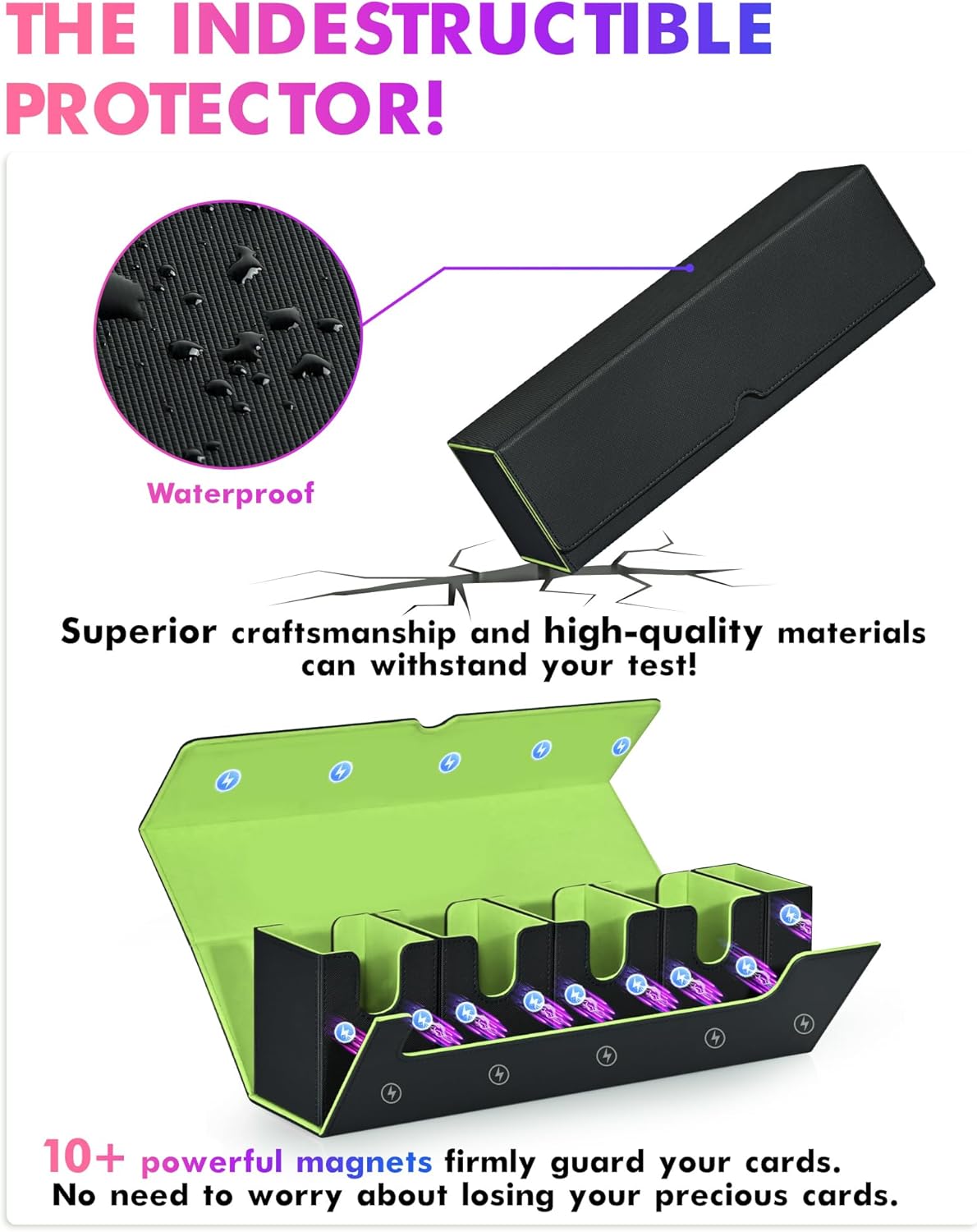 Card Deck Box with Dice Tray for MTG, 5 in 1 Card Deck Case Holds 800+ Unsleeved Cards, Strong Magnet Organizer Compatible with Yugioh TCG Sports (Black Green)