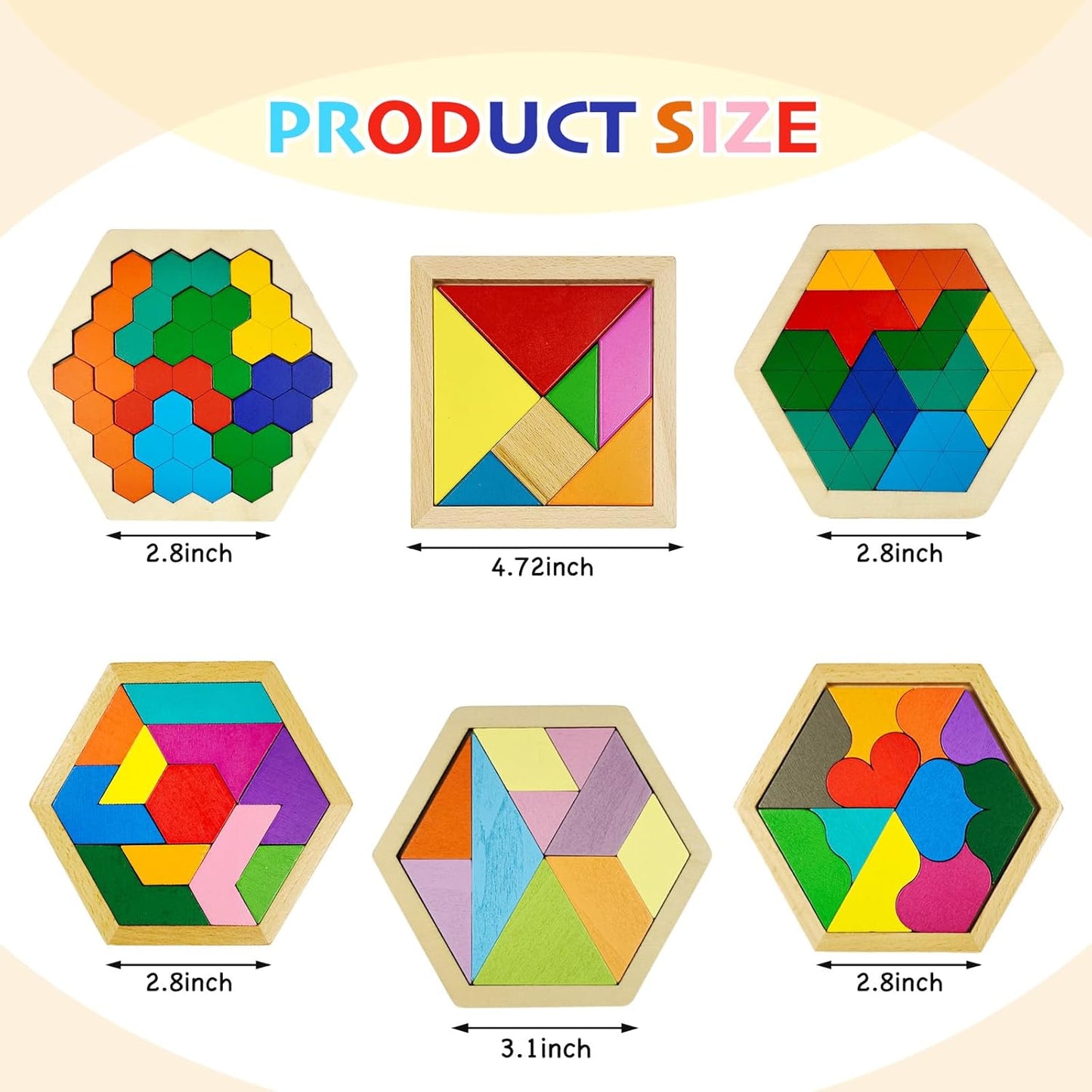 6 PCS Wooden Tangrams Puzzles for Kids, Wooden Hexagon Toddlers Puzzles Block Geometric Brain Teaser Wood Puzzle Tangram Logic IQ Toy Gifts for All Ages Boys Girls Adults Intelligence