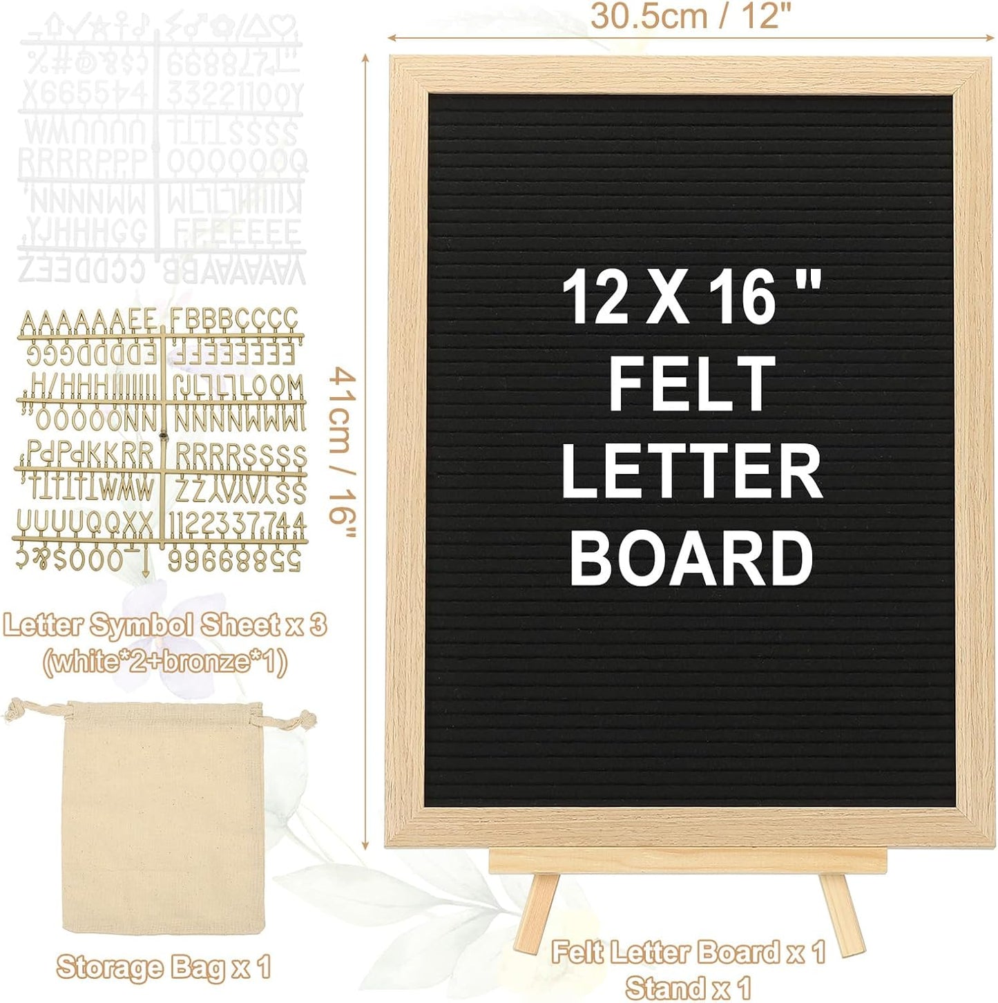 PATIKIL Felt Letter Board, 12x16Inches Black Wooden Changeable Message Board with Storage Bag Stand for Kitchen Menu Farmhouse Decor Notes, White Bronze Letter