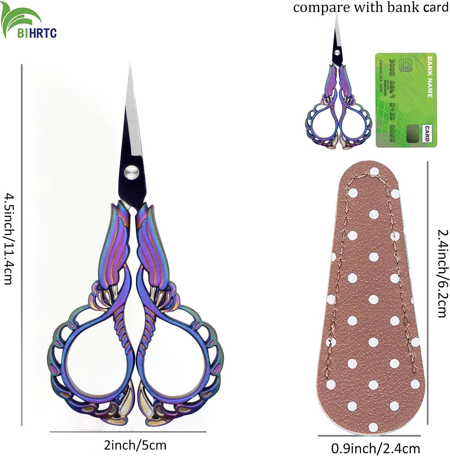 BIHRTC 4.5 Inch Vintage Embroidery Scissors with Artificial Leather Cover Stainless Steel Sharp Pointed Tip Scissors Shears Cross Stitch Sewing Crochet Scissors for Crafting Crochet Sewing