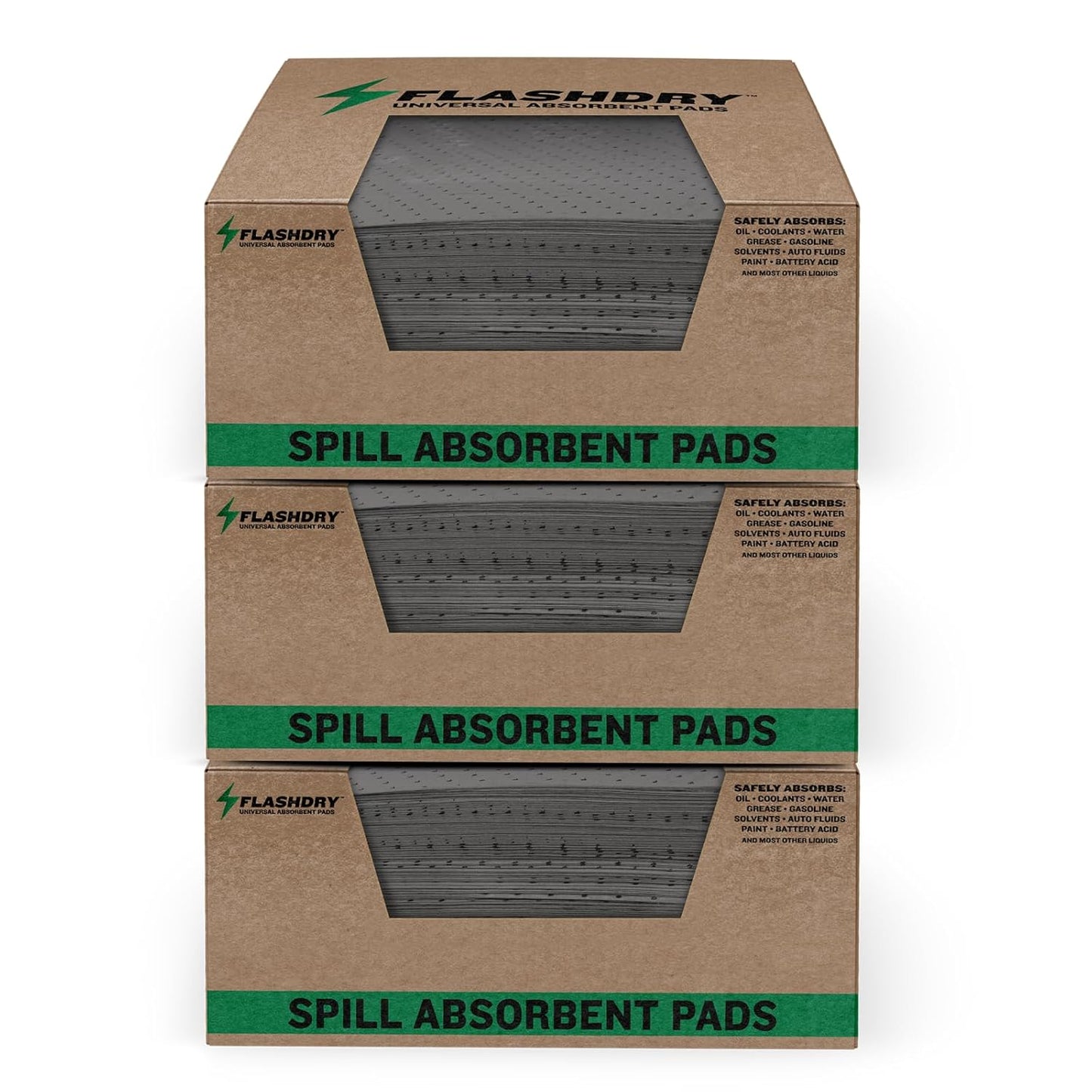 FlashDry - Universal Spill Absorbent Pads | 17.5” x 13.5” x 2mm Oil and All Purpose Premium Liquid Pads Packed in a Convenient Sturdy Dispensing Box - 300 Pads in Total