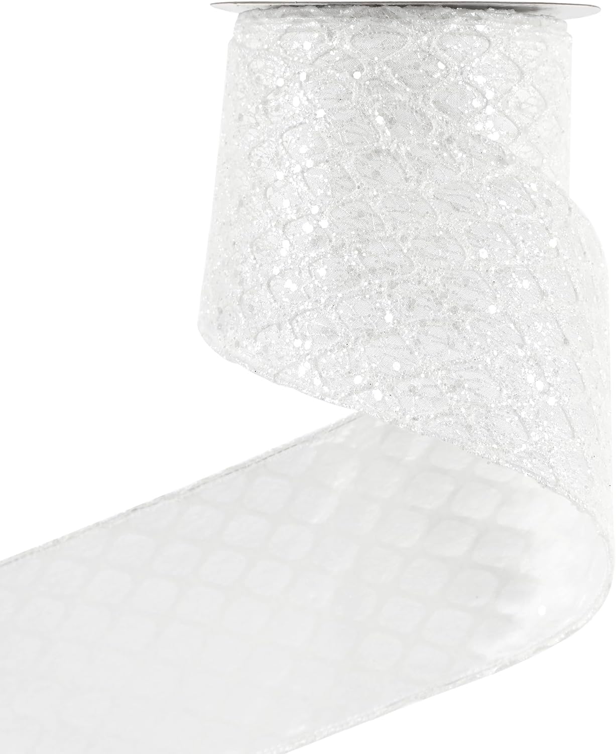 HUIHUANG White Glitter Wired Ribbon, 4 Inch x 30 Ft, Geometric Pattern, Polyester Material, Christmas Occasion
