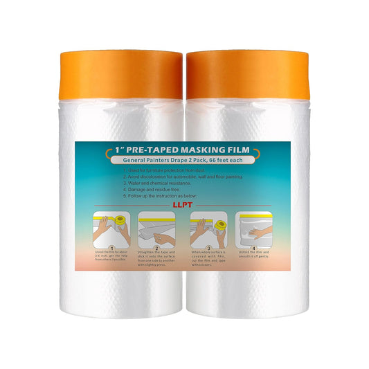 LLPT Tape and Drape 35.4”(Unfolded) x 66 Ft Each 2 Pack Pre-Taped Masking Film 0.27 Mil Painters Plastic Drop Cloth for Auto Wall Furniture Painting Protection (MFT902)