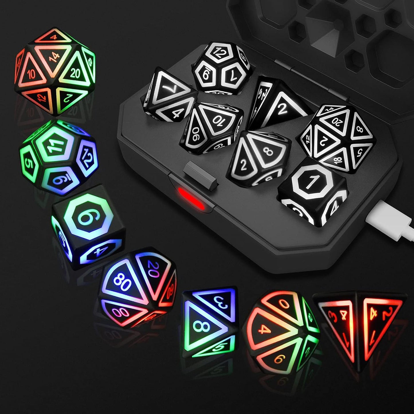 Rechargable DND Dice Set, Light Up Dice, 7 PCS Glowing Balanced LED Dice Electronic Dices, D&D Dice, Polyhedral Dice Set RPG Role Playing Table Game