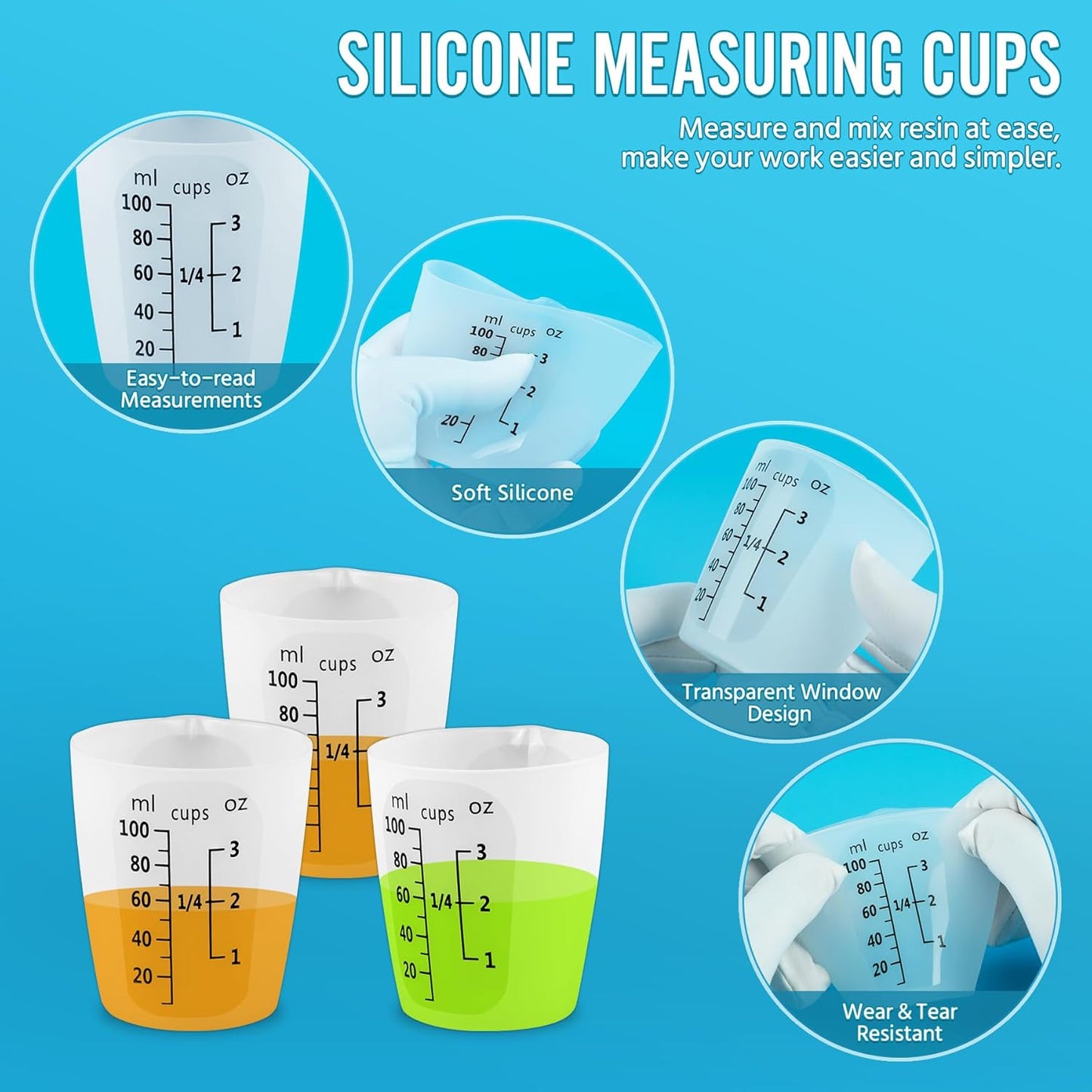 10Pcs Silicone Resin Mixing Measuring Cups 100ml for Resin Supplies, Easy-to-read Black Marks, Non-stick Reusable Silicone Pouring Cups for Epoxy Mixing