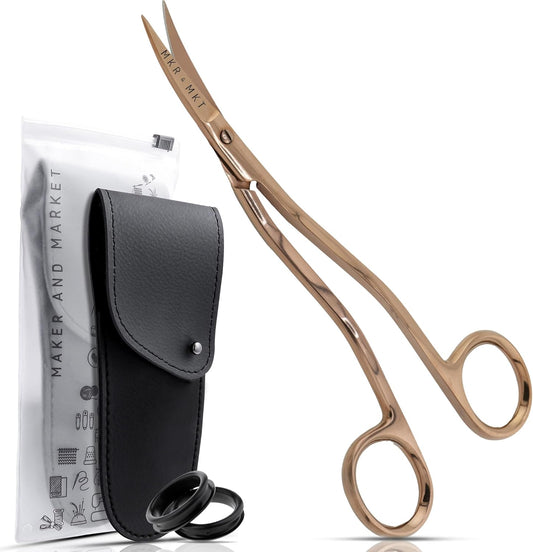 Applique Long Thin Needlepoint Blade 6.1 Inch - Double Bent Curved Offset Handle Scissors with Pouch Sleeve for Embroidery, Fabric, Thread, Knitting, Sewing, Arts & Craft (Rose Gold)