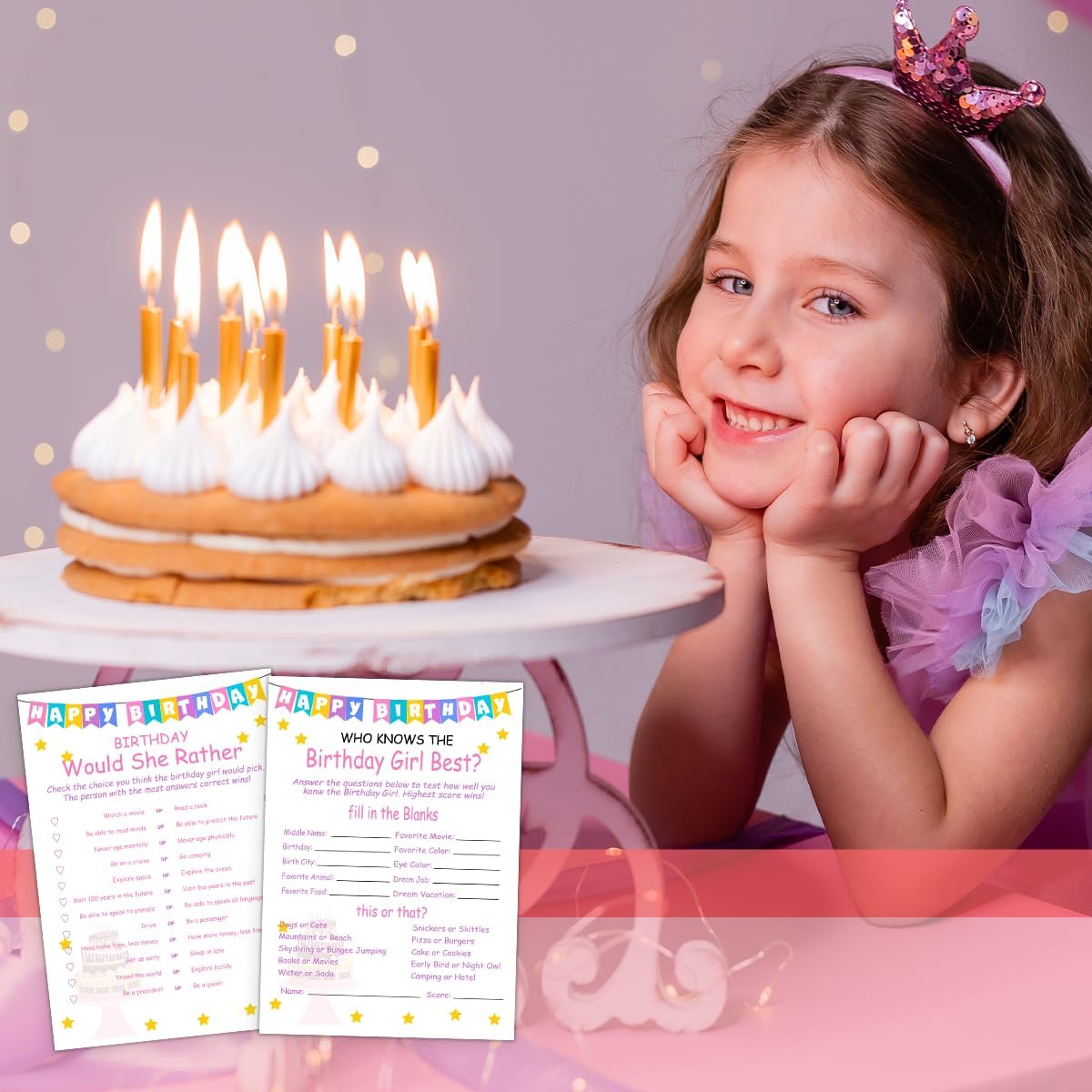 Birthday Party Games Set for Girls- 20 Birthday Double Sided Games Cards Set- Girls Birthday Party Activity Notebook Themed Party Activity and Idea - Girl Birthday Party Supplies, Decorations