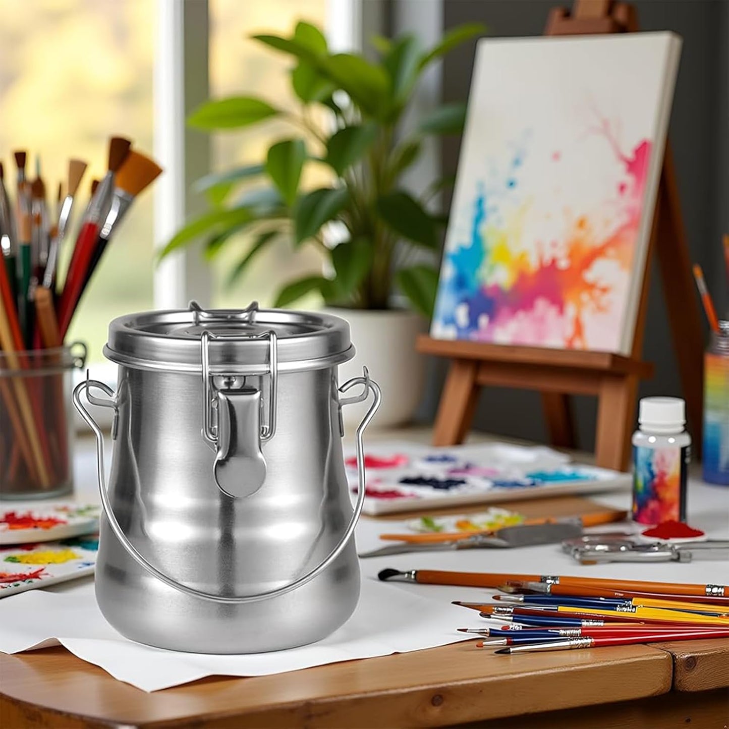 Paint Brush Cleaner and Holder, Stainless Steel Airtight Brush Washer with Removable Porous Filter for Painting (13.5 oz/400 ml)