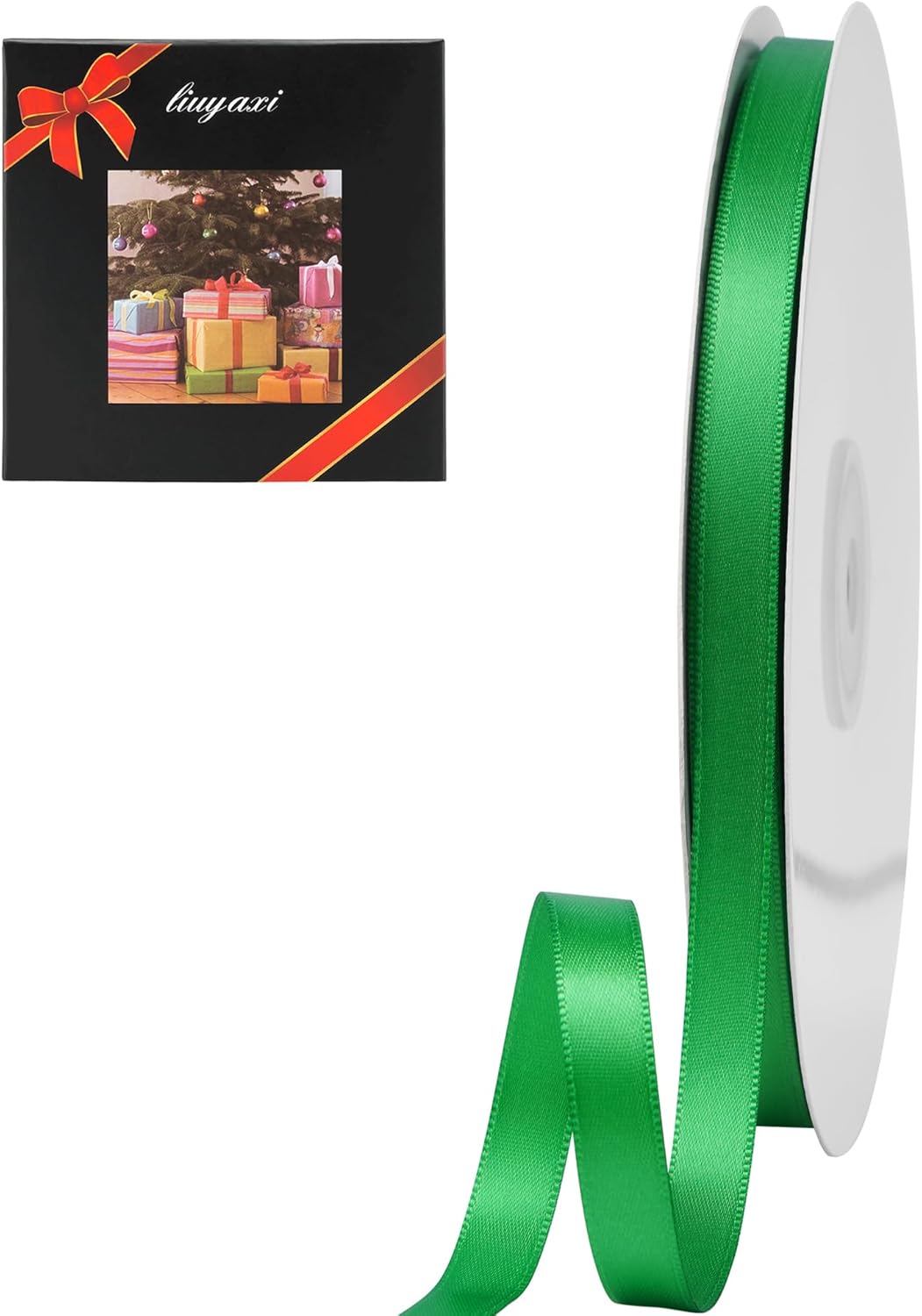 LIUYAXI Green Double Faced Satin Ribbon, 3/8" X Continuous 100 Yards, Ribbons Perfect for Gift Wrapping Bows Bouquet Wedding Decor DIY Craft and More