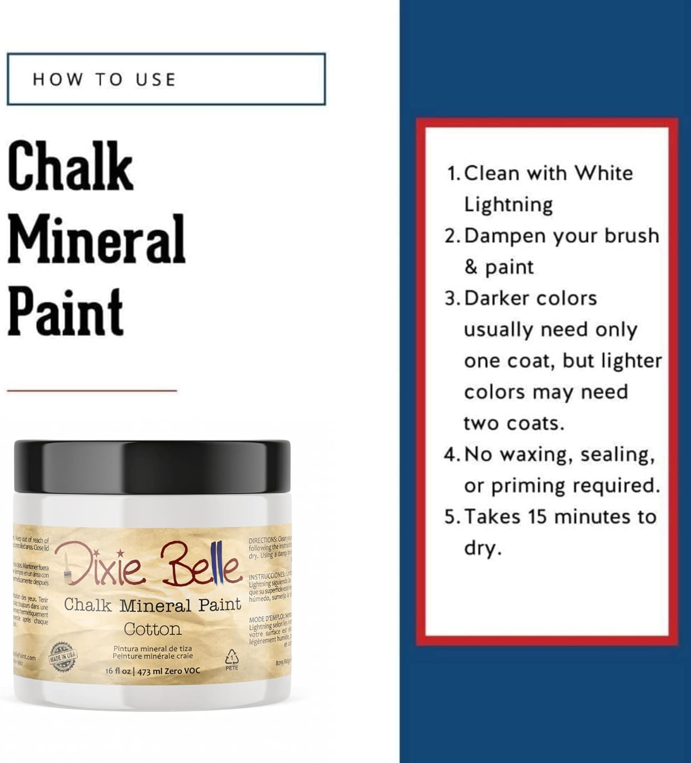 Dixie Belle Paint Company Chalk Finish Furniture Paint - Cotton (16oz) - Matte Pure White Chic Chalk Mineral DIY Furniture Paint
