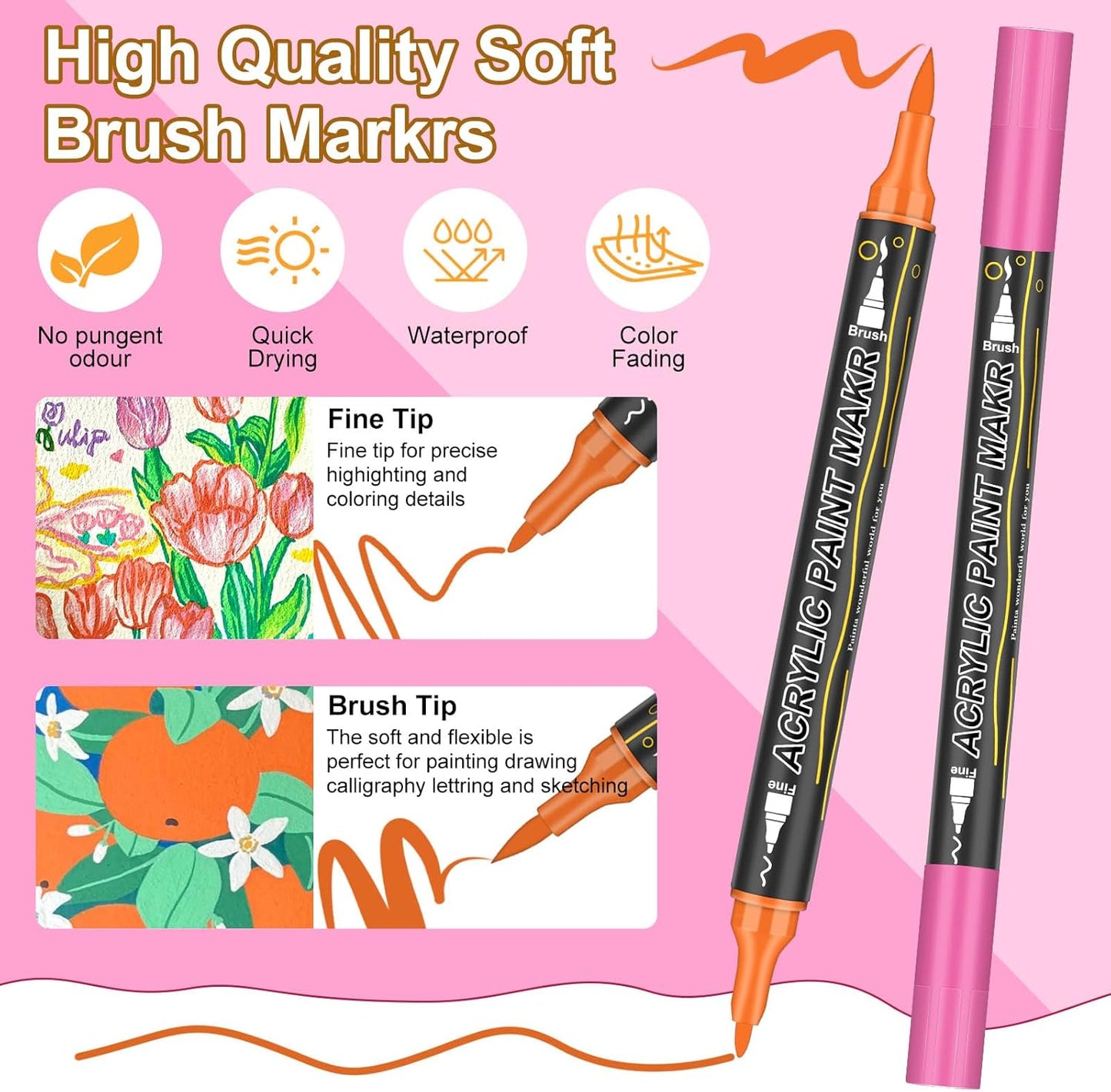 72 Colors Dual Tip Acrylic Paint Markers，Waterproof, Non-Toxic, Odorless Acrylic Markers Pens，Paint Pens & Paint Markers for Rock, Wood, Glass, Stone, Canvas, Ceramic, Fabric and Paper Painting