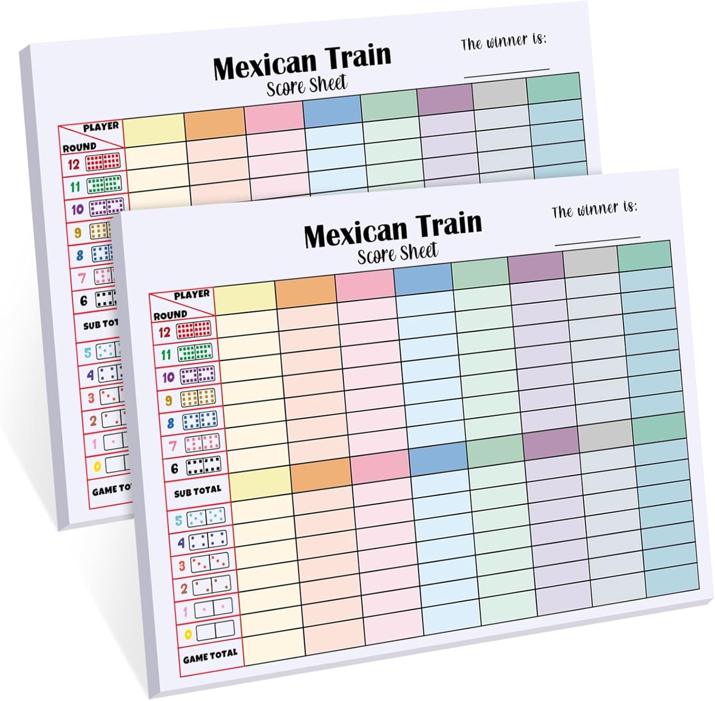 2 Pack 120 Sheets Mexican Train Score Pads Colorful Chicken Foot Dominoes Game Scorepad Adult Mexican Train Score Sheet Scoreboard Paper Record Clearly for Family Game (6.7 x 5 Inches)