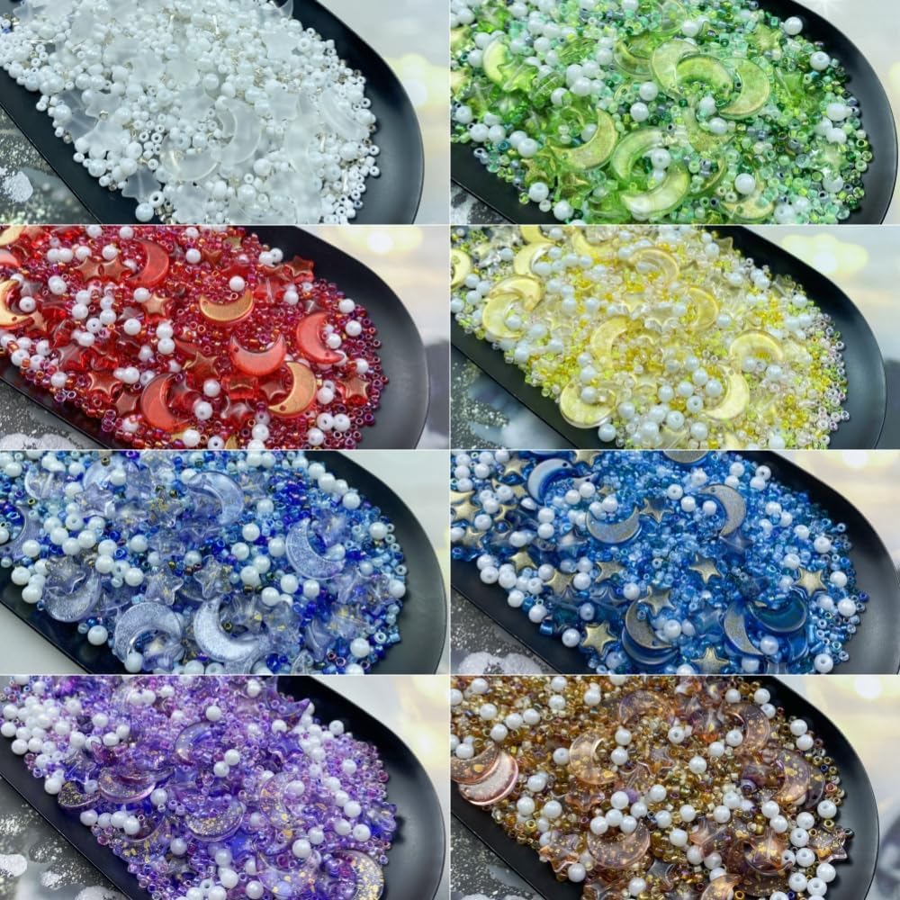 Assorted Glass Beads for Jewelry Making Multi Size Colors Glass Star Moon Seed Pearl Spacer Beads for Bracelets Necklace Earring Making(White Brown)