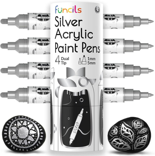 4 Acrylic Metallic Silver Paint Pen (Dual Tip) - Fine Tip & Medium, Acrylic Paint Markers - Silver Metallic Marker for Rock Painting, Canvas, Wood, Glass, Fabric, Metal and Plastic - Water-based Ink