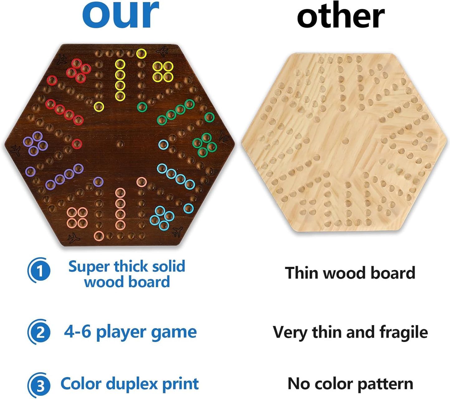 Wahoo Marble Board Game Thicken Wood 4 and 6 Players Fast Track Board Game 2 Sided Painted Perfect Game for Family Friends Party (Rustic Brown)