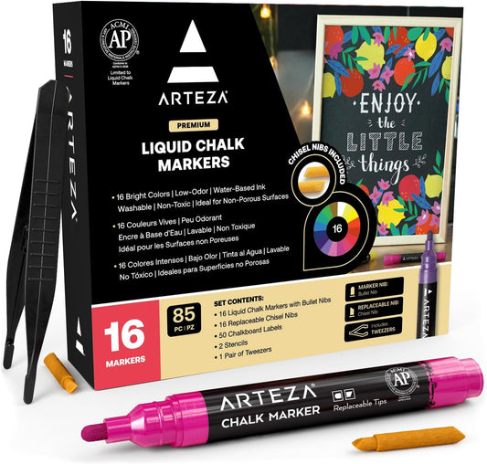 ARTEZA Liquid Chalk Markers, Set of 16 Bright Colors, Chalkboard Pens for Blackboard, Whiteboard, Windows, Mirrors, Glass, Restaurant Menu, Signs.