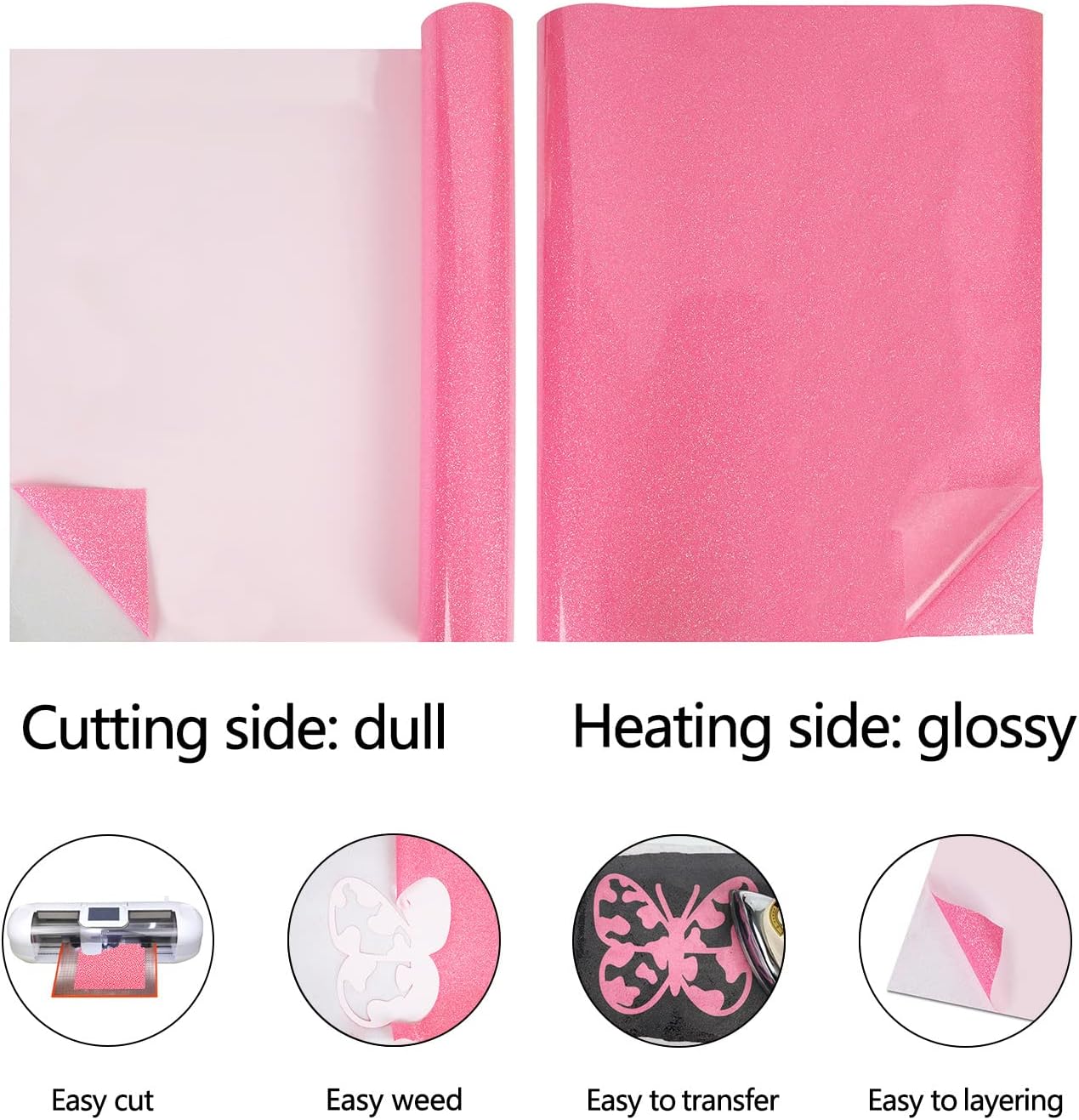 guangyintong Glow Glitter Pink Heat Transfer Vinyl HTV Rolls, 12" x 8ft Iron on Vinyl for T-Shirts, Glitter HTV Vinyl for All Cutter Machines Easy to Cut & Weed for DIY Design