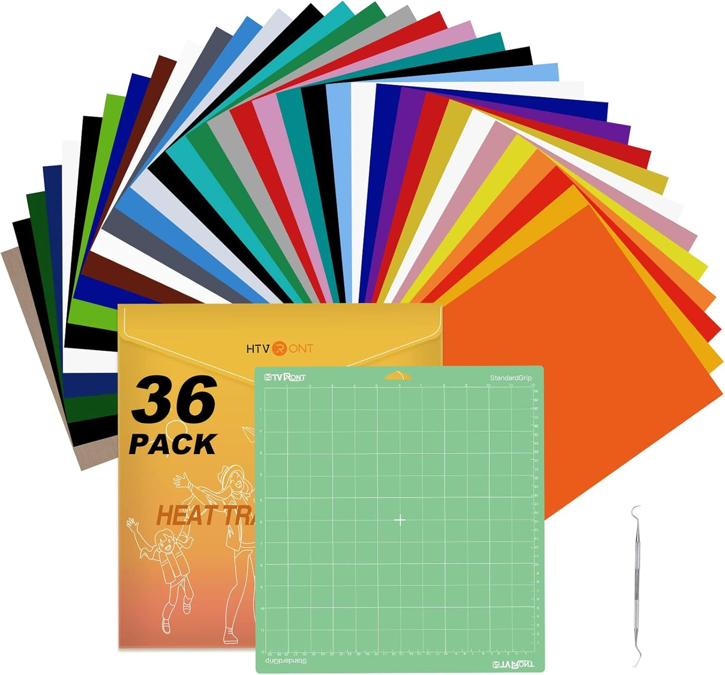HTVRONT HTV Heat Transfer Vinyl Bundle: 36 Pack 12 x 10" Iron On Vinyl with 1 Pack Standard Grip Cutting Mat for T-Shirt, 25pcs Assorted Colors HTV Vinyl with Tweezer for All Cutting Machine