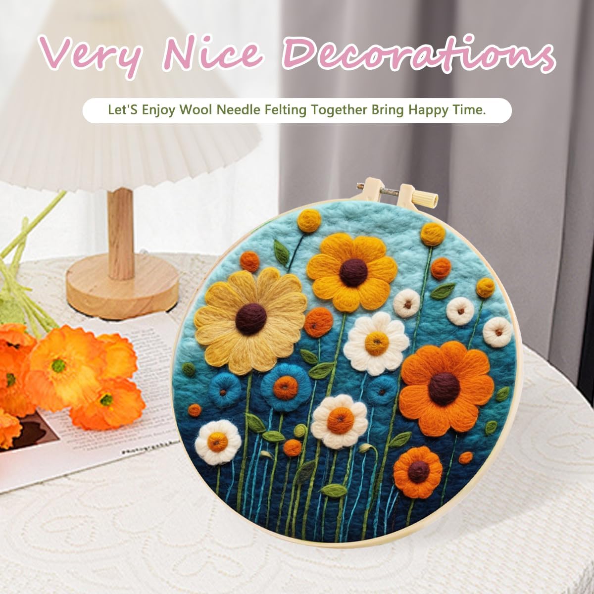 yesJRL Needle Felting Kits Beginners, Natural Landscape DIY Wool Needle Felting Starter Kit, Floral Needle Felt Set with Foam Pad, Felt Cloth and Instructions, Used for Home Decoration (Orange)
