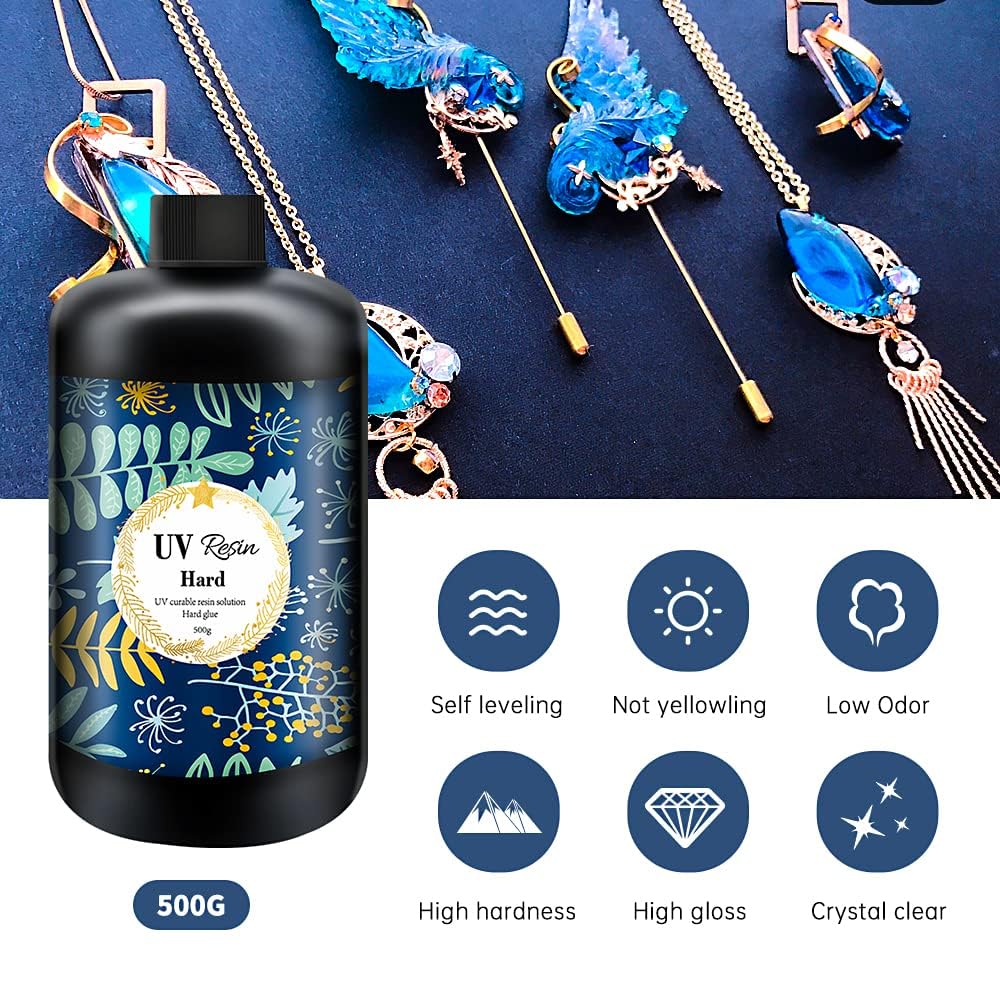 Crystal Clear Hard UV Resin Upgraded Formula Ultraviolet Fast Curing for Jewelry Making Craft Decoration, Hard Transparent Glue Solar Cure Sunlight Activated Resin (500g)