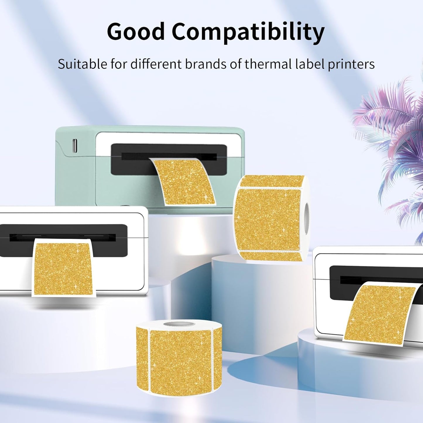 Square Thermal Labels Stickers 2" x 2", Holographic Thermal Stickers Labels, Waterproof Glitter Direct Thermal Printer Label for Small Business- Holographic Gold