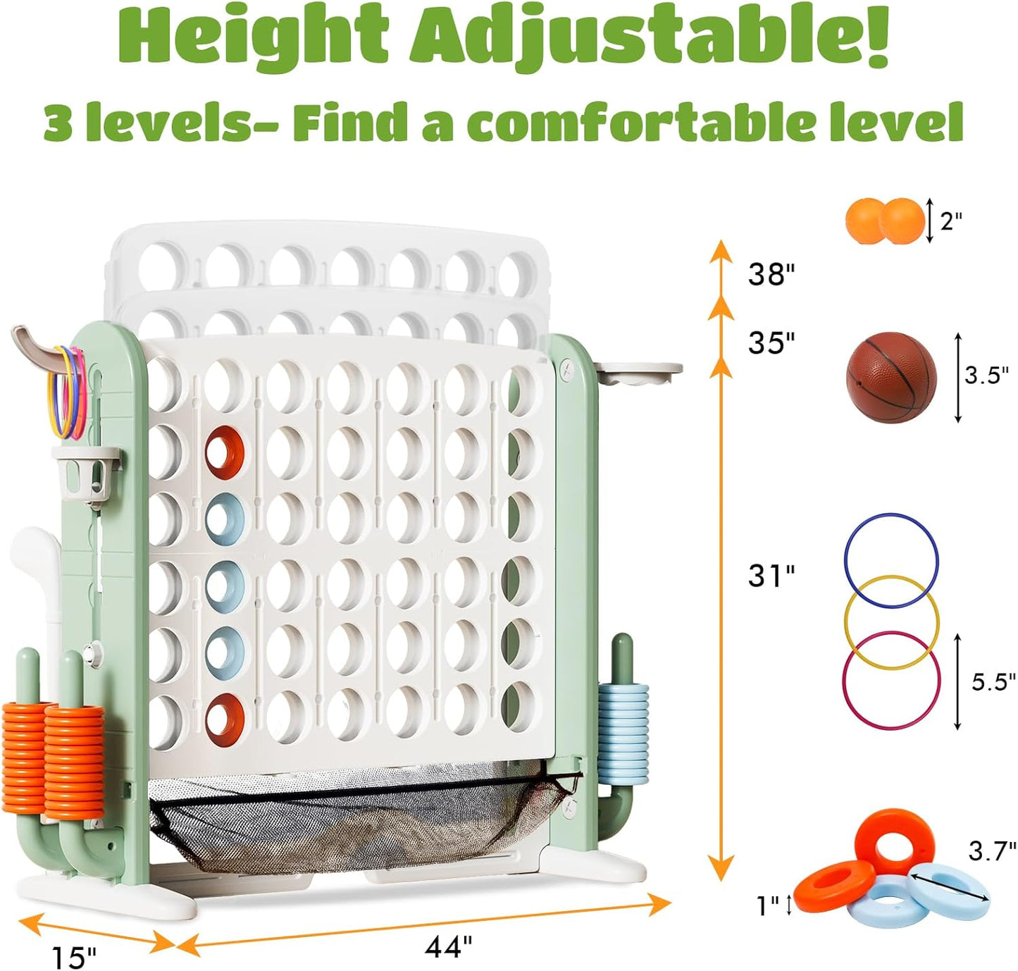 Giant 4 in a Row Connect Game with Mesh Fabric | Height Adjustable 4-in-1 Jumbo 4-to-Score Yard Game Set with Basketball, Golf & Ring Toss | Outdoor Indoor Family Yard Party Game for Kids & Adults