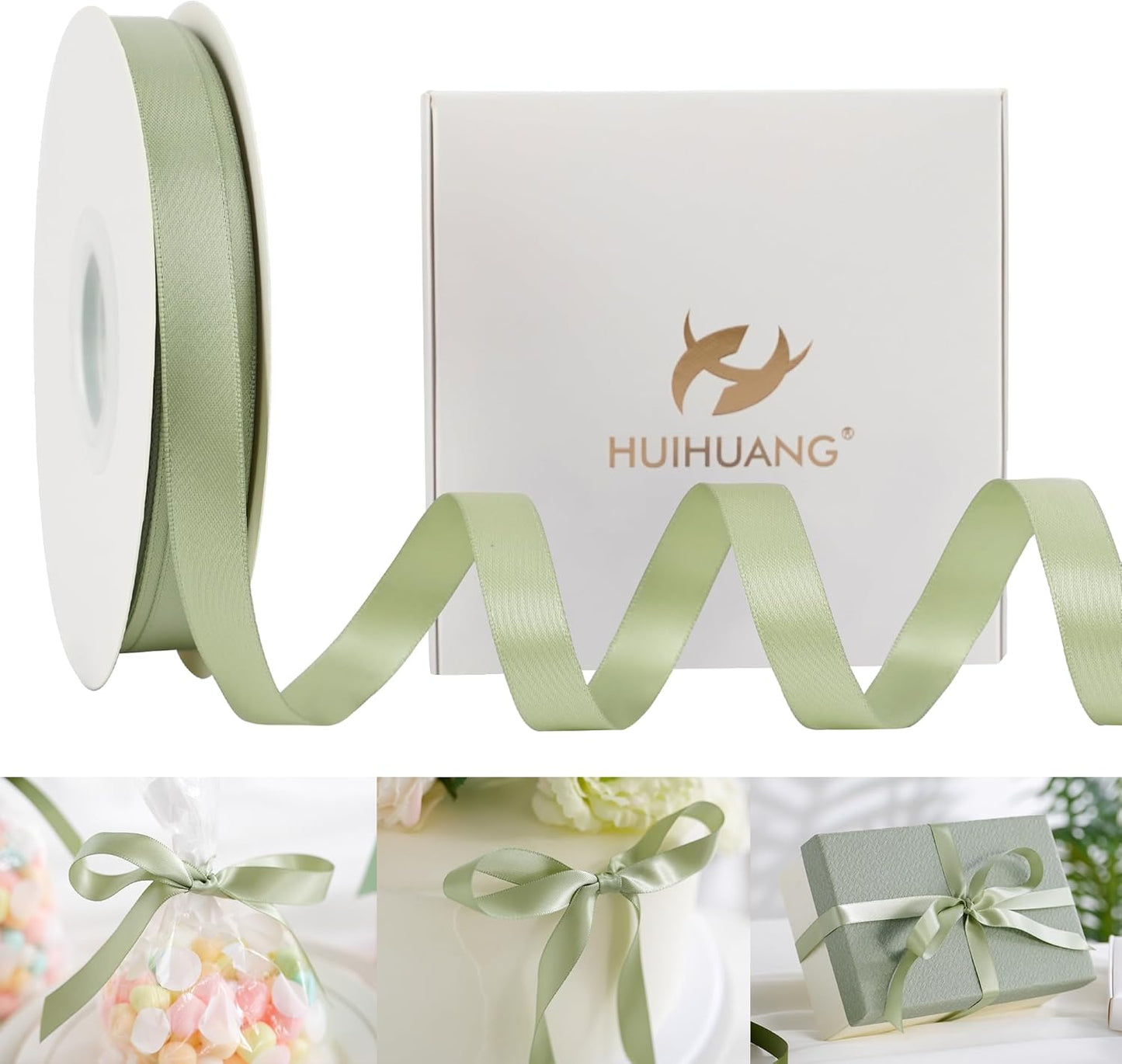 HUIHUANG Sage Green Double Faced Satin Ribbon 1/2 inch X 50 Yards Continuous, Dusty Sage Satin Ribbon for Gift Wrapping, Bows, DIY Crafts, Flower Bouquet, Bridal Shower Wedding Decor