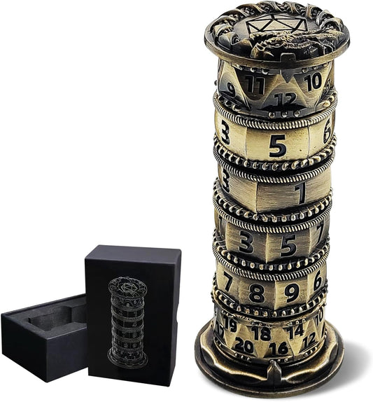 DND Dice Spinner Tower Set - Unique D4 D6 D8 D10 D10% D12 D20 All in One D&D Metal Dice - Cool Role Playing Gifts for Dungeons and Dragons TRPG MTG Games Lover Player (Tower-Ancient Bronze)