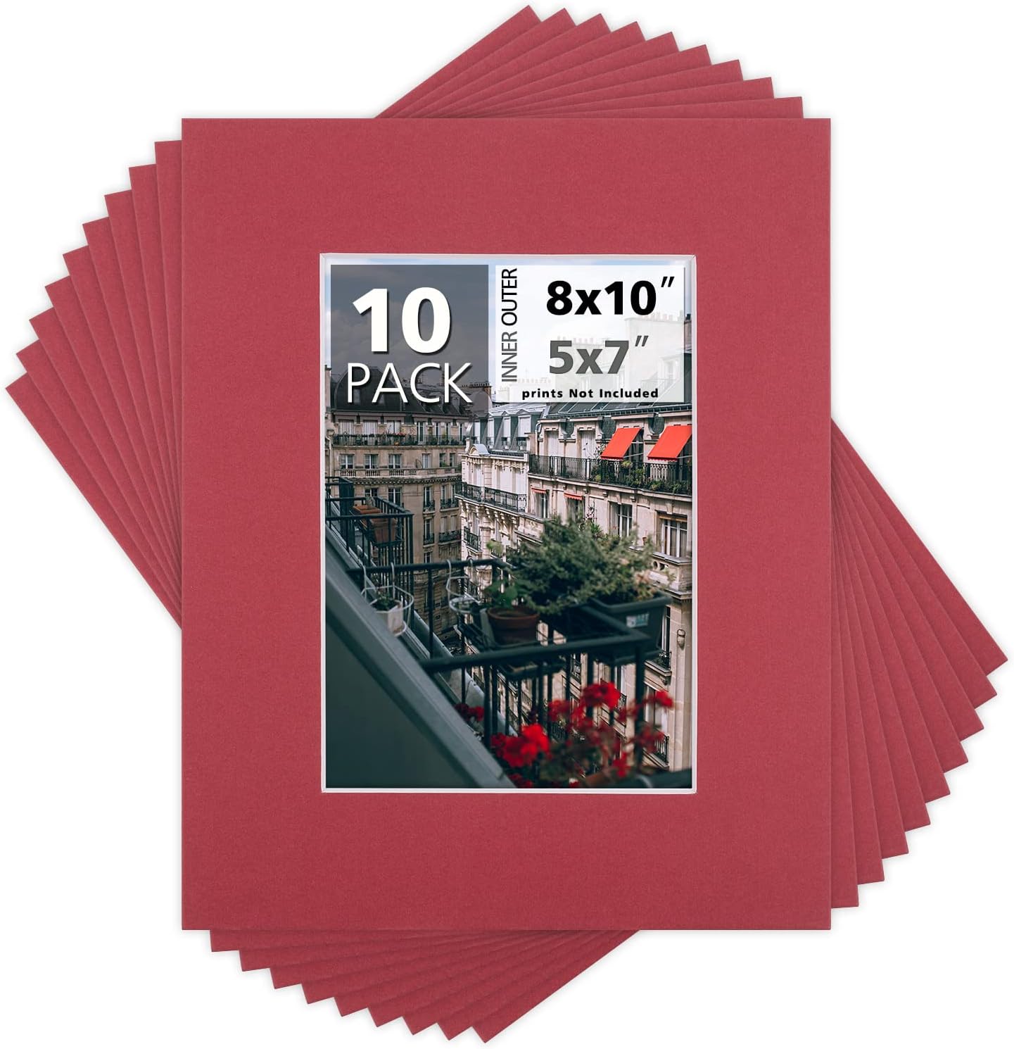 Mat Board Center, Pack of 10, 8x10 for 5x7 China Red Color Mats - Bevel Cut, Acid Free, 4-ply Thickness, White Core - for Pictures, Photos, Framing