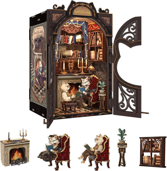 Fsolis Book Nook Kit DIY Scene Miniature Dollhouse Kit, 3D Puzzles for Adults, 108 Wooden Pieces, Bookshelf Decor Tiny House Mini Booknook Craft, Gift for Women Scale Model Lovers (Count Cat's Study)