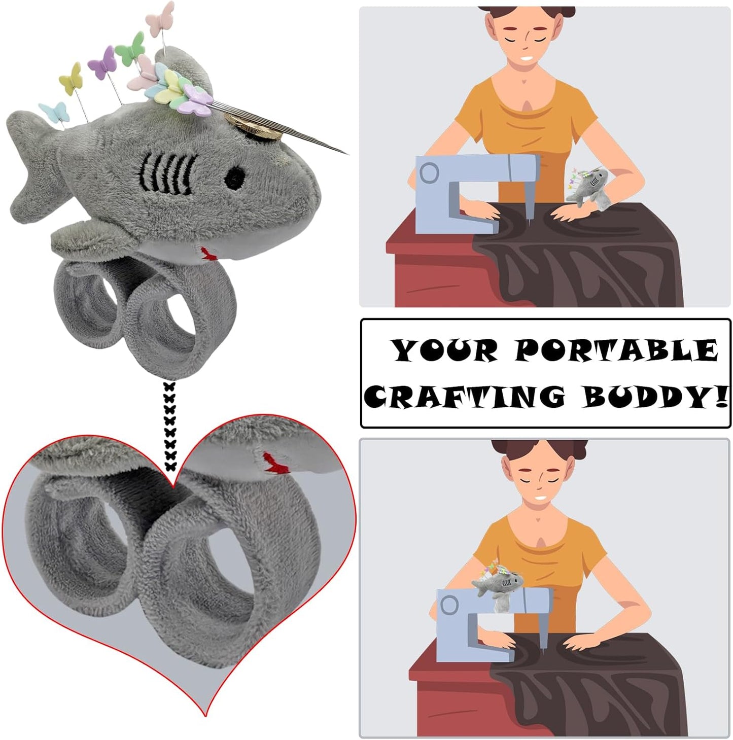 Cute Sharks Wrist Pin Cushion for Sewing with Magnetic, Snap Bracelet Wrist Bands for Pins and Needles Include 50 Lovely Butterfly Straight Pins.