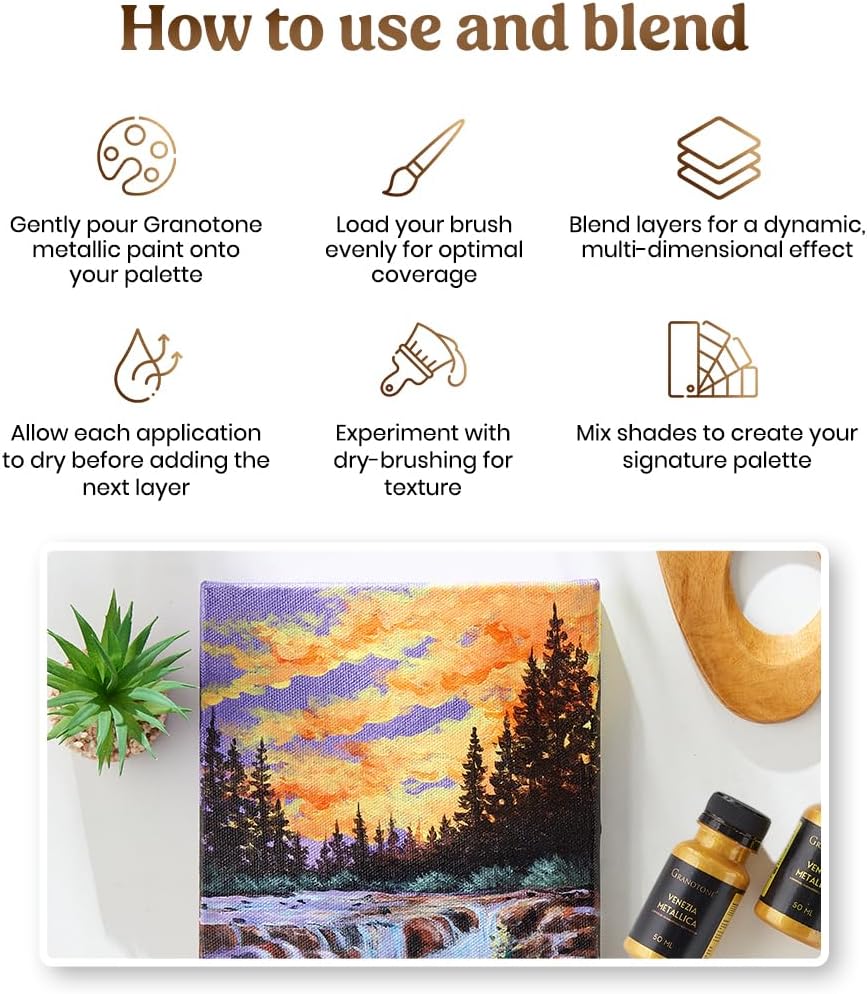 GRANOTONE Acrylic Venezia Metallic Colour | 12 Metallic Shades | 50 ml | Extra Sheen | Non Fading | Indoor/Outdoor | Non Toxic | Multi-Surface | Pro Artist, Hobby Painters & Kid | Made In India