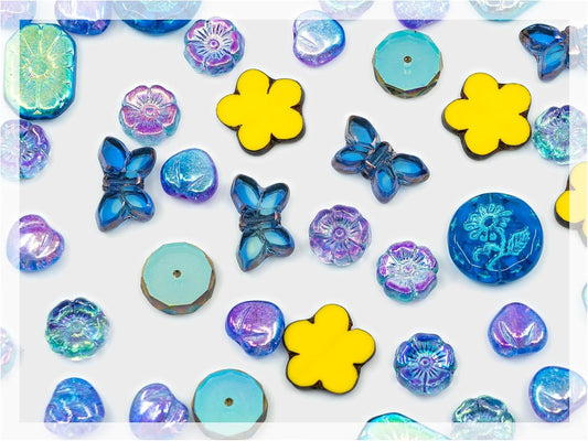 2.1oz (60g) of Focal Glass Bead Mix with Table-Cut Flower and Butterfly Beads, PG Blue