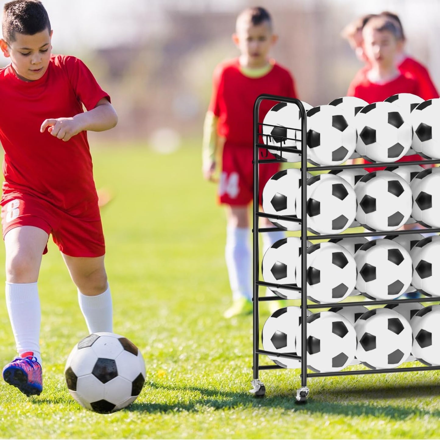 Ball Storage - 22.83" Basketball Cart With Wheels Garage Volleyball Storage Sport Equipment Holder Organizer For Indoor Outdoor,Metal Storage Rack For Playgroup,Gym And School