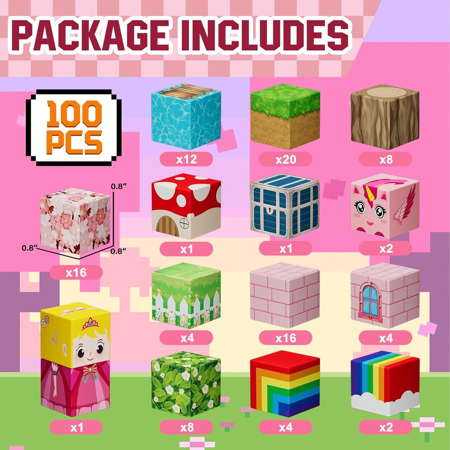 100PCS Magnetic Blocks - Princess Castle Building Forest World Set, STEM Sensory Gifts for Princess, Creative Kids Games, Building Toys for 3+ Years Old Girls, Magnets Game for Toddler (Pink)