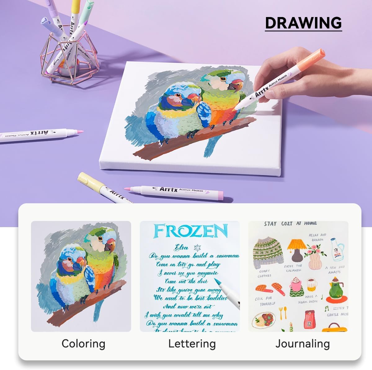 Arrtx 60 Colors Paint Markers Pens, Acrylic Paint Pens for Artists Adults Coloring Drawing Cartoon Anime Comic - Brush Tip for Rock Painting, Wood, Canvas, DIY Crafts Making Art Supplies-60B