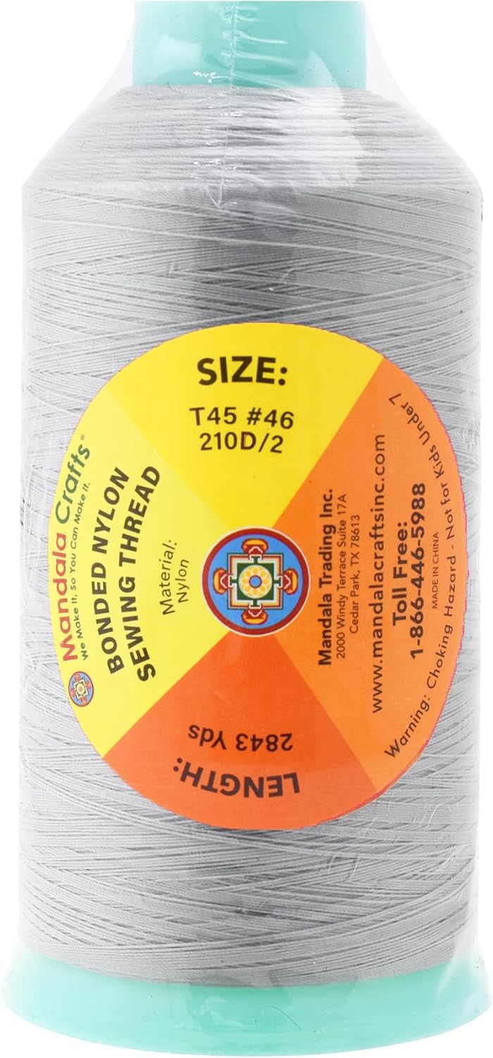 Mandala Crafts Bonded Nylon Thread Silver Heavy Duty Sewing Threads - 2843 YDs Size 46 210D T45 Tex 45 Thread for Leather Jeans Weaving Outdoor Marine Upholstery Threads