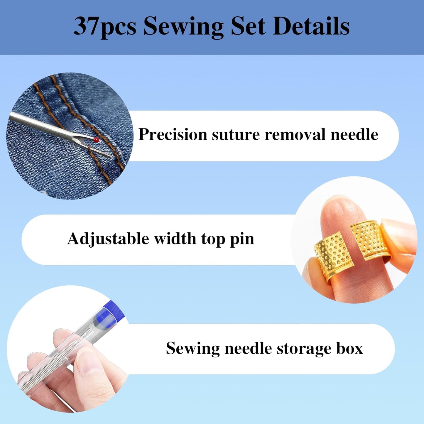 Big Eye Steel Sewing Needles Kit,37PCS Sewing Tool Set-Steel Needles,Thread Ripper,Thimble,Threaders and 6 Color Threads,Portable Hand Sewing Kit,for Beginners,Craft DIY Lovers,Daily Use (37 PCS Set)
